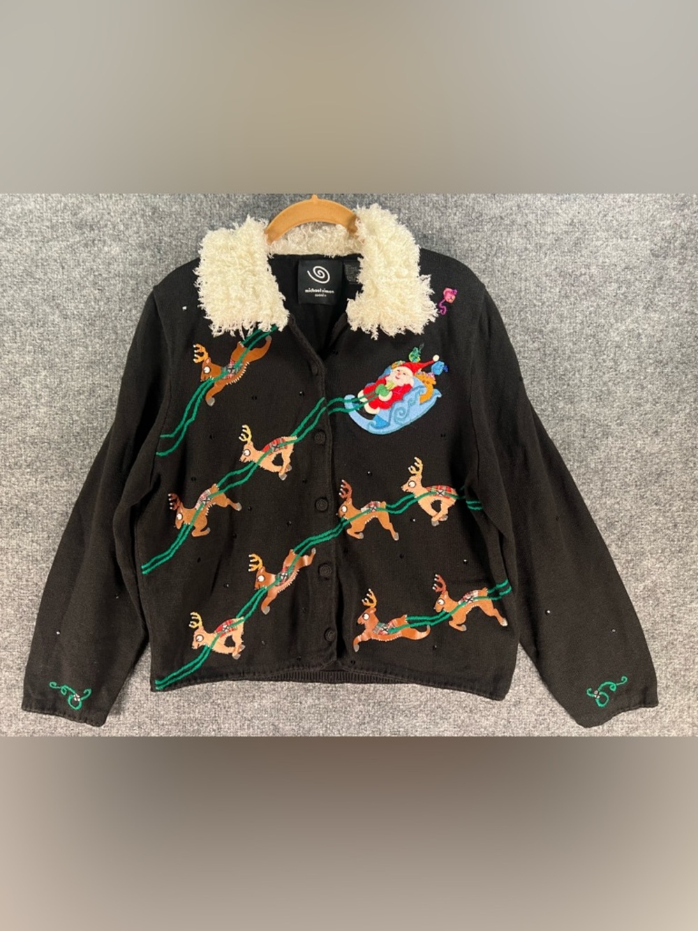 Vintage Michael Simon Santa & Reindeer Black Christmas Cardigan Sweater Size XL